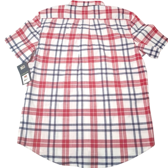 NWT U.S POLO ASSN Mens Red White Blue Plaid Button Up Short Sleeve Shirt Sz Med - Picture 2 of 9